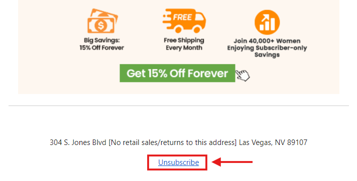 Screenshot example for email unsubscribe